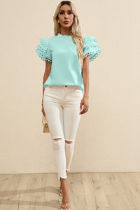 Ruffled Eyelet Round Neck Cap Sleeve Blouse