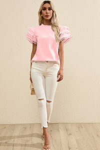 Ruffled Eyelet Round Neck Cap Sleeve Blouse