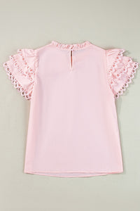 Ruffled Eyelet Round Neck Cap Sleeve Blouse