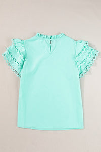 Ruffled Eyelet Round Neck Cap Sleeve Blouse