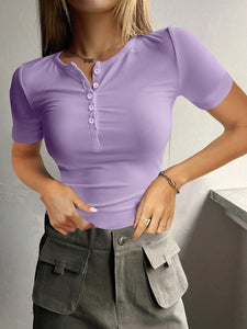 Round Neck Quarter Button Short Sleeve Top