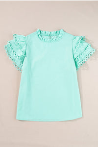 Ruffled Eyelet Round Neck Cap Sleeve Blouse