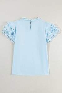 Ruffled Eyelet Round Neck Cap Sleeve Blouse